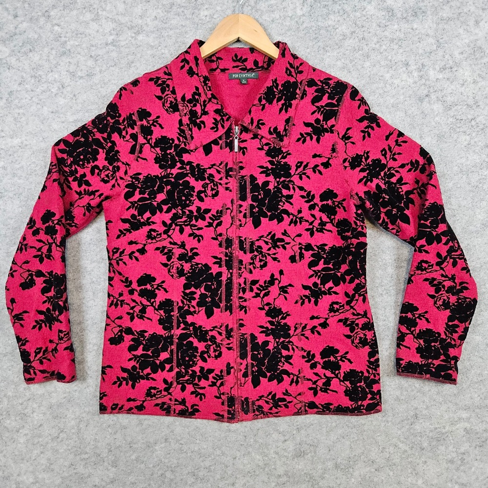 For Cynthia Womens Pink‎ & Black Floral Print Wool Blend Zip Up Cardigan Size M